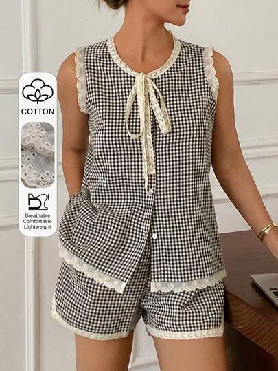 DAZY Women Plaid Contrast Color Embroidery Ruffle Trim Sleeveless Top And Shorts Pajama Set