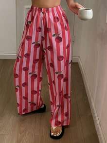 DAZY 红色条纹苹果印花宽松女士睡裤 - 紅色 - 查看 10