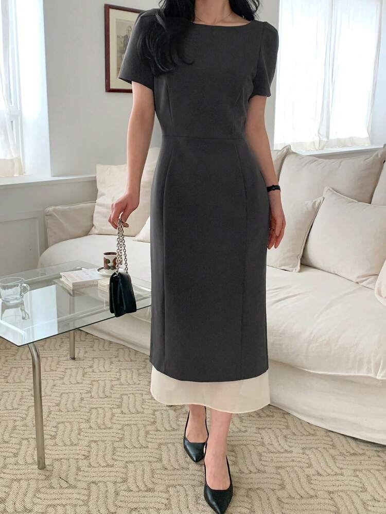 Women's Round Neck Waist Cinched Short Sleeve Double Layer Mesh Midi Dress Sundress