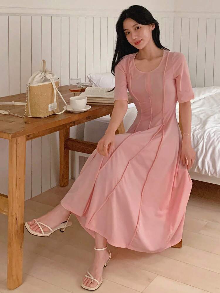 Women's Round Neck Cinched Waist A-Line Mid-Length Wrap Dress, Pink