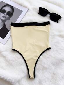 Zyxie Women's Hollow Out Contrast Trim Fitted Bodysuit, Summer - Apricot - View 6