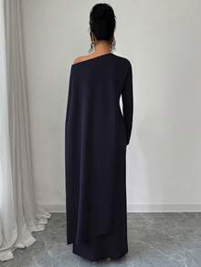 Elenzga Navy Blue Autumn Elegant Dining Asymmetric Shoulder Cape Style Long Dress,Chic Slim Fit One Off The Shoulder Lightweight Formal Gown For Women - Navy Blue - View 2
