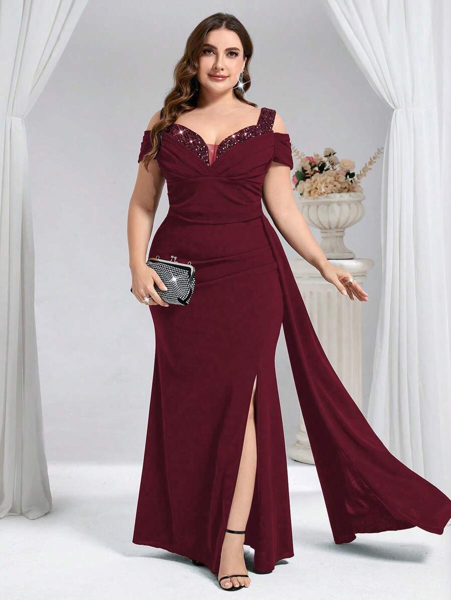 Coutiva 大码优雅亮片装饰高开衩正式晚礼服 - 酒紅色 - 查看 1