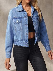 EMERY ROSE Women's Solid Color Front Button Pocket Casual Long Sleeve Denim Jacket And Coat - Blue - View 4