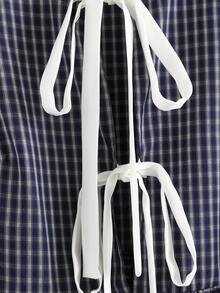 Sweetra Bow, Vacation, Summer Women Outfit, Autumn Japanese Sweet Cute Plaid Style Dress New Petite Preppy Style Reducing Age Slimming Princess Plaid Doll Dress Short Summer New Round Neck Bow Tie French Binding Loose Puff Cake Dress - Navy Blue - View 4