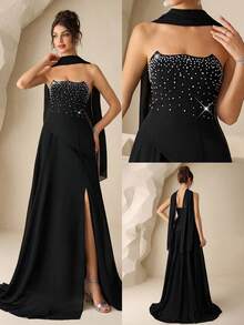 Coutiva Gaun Malam Formal Hitam Elegan Mewah Tanpa Tali dengan Hiasan Ruffle dan Rhinestone, Gaun Berpayet dengan Hiasan di Bagian Dada untuk Pernikahan, Pesta & Acara Dansa - Hitam - View 5