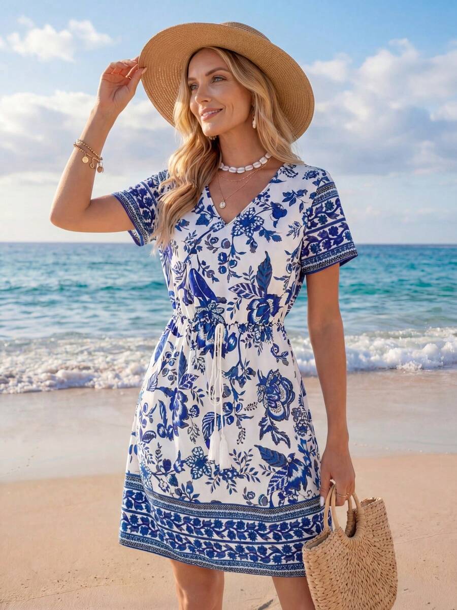 Sylviya Vestido casual de mujer con estampado floral, cuello en V, manga corta y cintura con cordón con borlas - Azul - Ver 1
