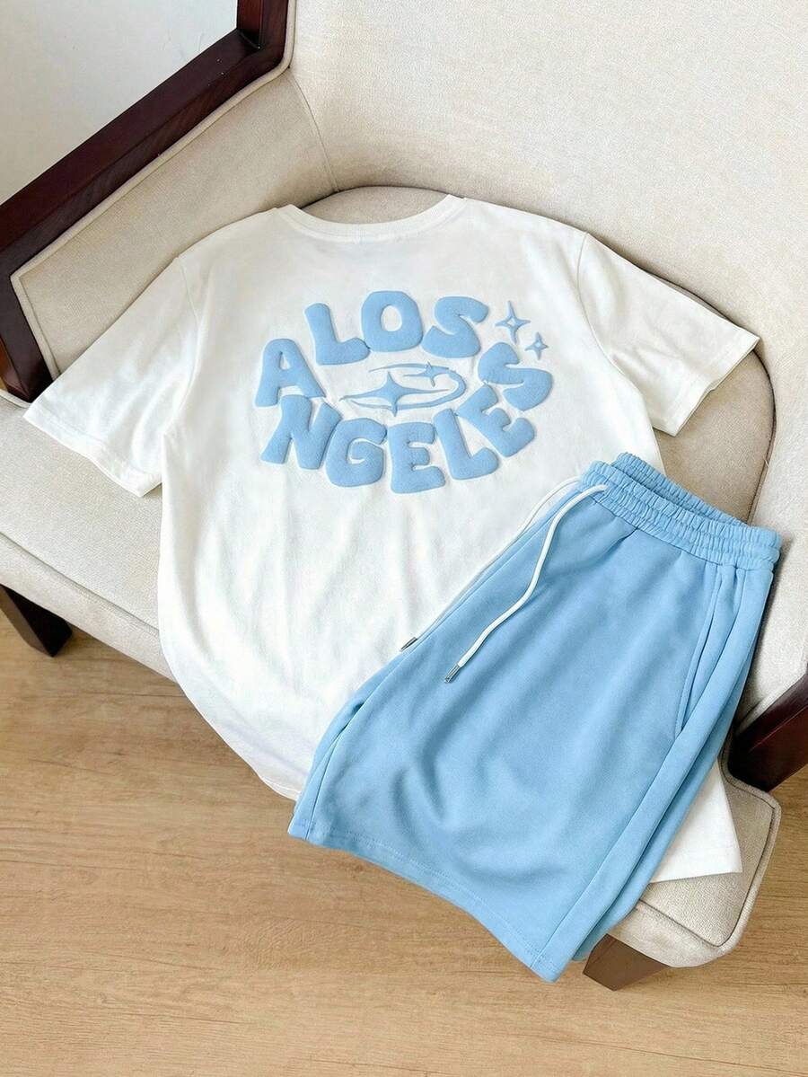 SWAVVY Men's Letter Print Foil Short Sleeve T-Shirt And Drawstring Waist Shorts Set - Baby Blue - View 1