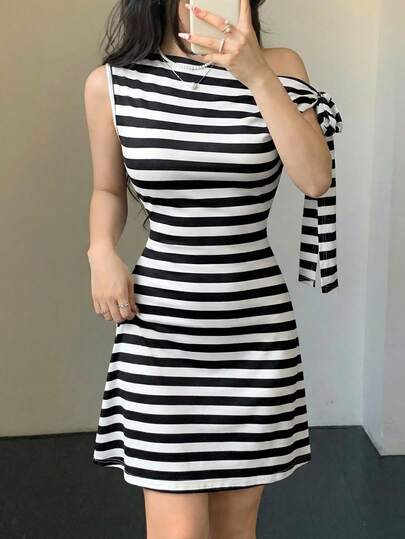 Celisse Striped Print Asymmetric Tie-Up Waist Short Dress For Women