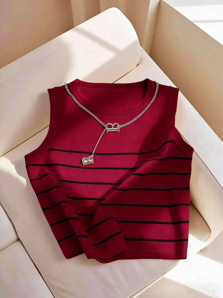 Resyla Women's Striped Print Pattern Round Neck Slim Fit Casual Versatile Tank Top, Spring/Summer - Multicolor - View 1