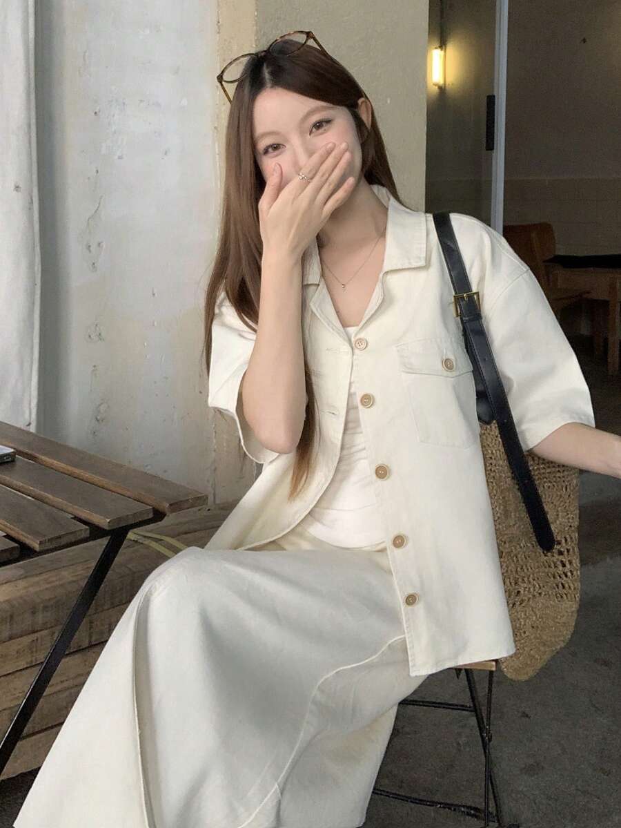 DAZY Women's Casual Solid White Pocket Shirt And Straight Denim Skirt 2-Piece Set, Spring/Summer - White - View 1