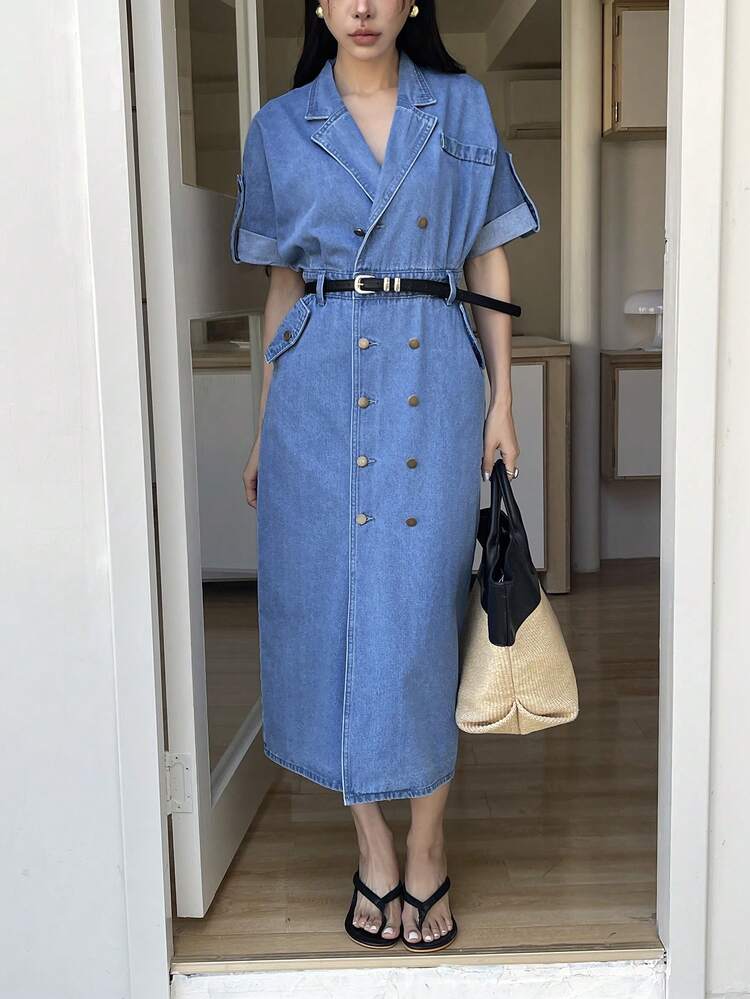 Women's Casual Denim Dress With Pockets And Lapel Collar, Summer