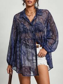 SHEIN CURVE+ 大码女式休闲灯笼袖印花衬衫，适合春、秋、冬三季穿着/秋季/冬季/2026/新年 - 彩色 - 查看 4