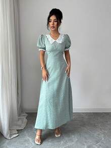 Modelyn French Ditsy Floral Puff Sleeve Waist Cinched Slim Fit Dress - Green - View 6