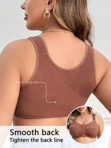 1pc Elegant & Comfortable Lace Patchwork Front Closure Plus Size Bra, Adjustable Shoulder Straps - Brown - View 2