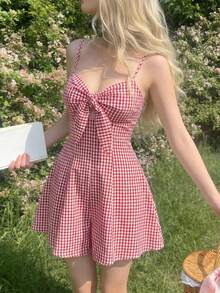 SHEIN MOD Women's Red & White Plaid Twist Strap Romper,Plaid Jumpsuit,Vacation,Festival,Holiday,Beach Outfits For Women,Valentine's Day,Birthday,Going Out,Casual - Red and White - View 5