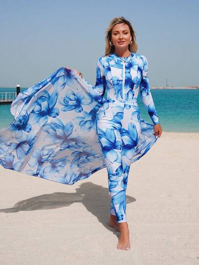 Swim Mulvari 女士三件套印花泳衣，适合夏季海滩穿着：长袖拉链连体泳衣、长款罩衫和印花长裤，色彩缤纷的休闲度假中东风格泳装