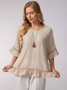 Parysyn Áo sơ mi ngắn tay mùa hè đơn giản, dáng rộng, chất liệu vải dệt trơn, thoải mái. - Màu Khaki - Xem 6