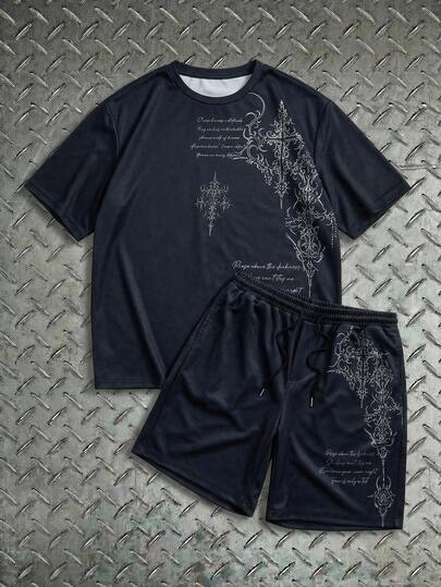 AXEPEAK Men's Graphic Print Round Neck Short Sleeve T-Shirt And Drawstring Waist Shorts Set