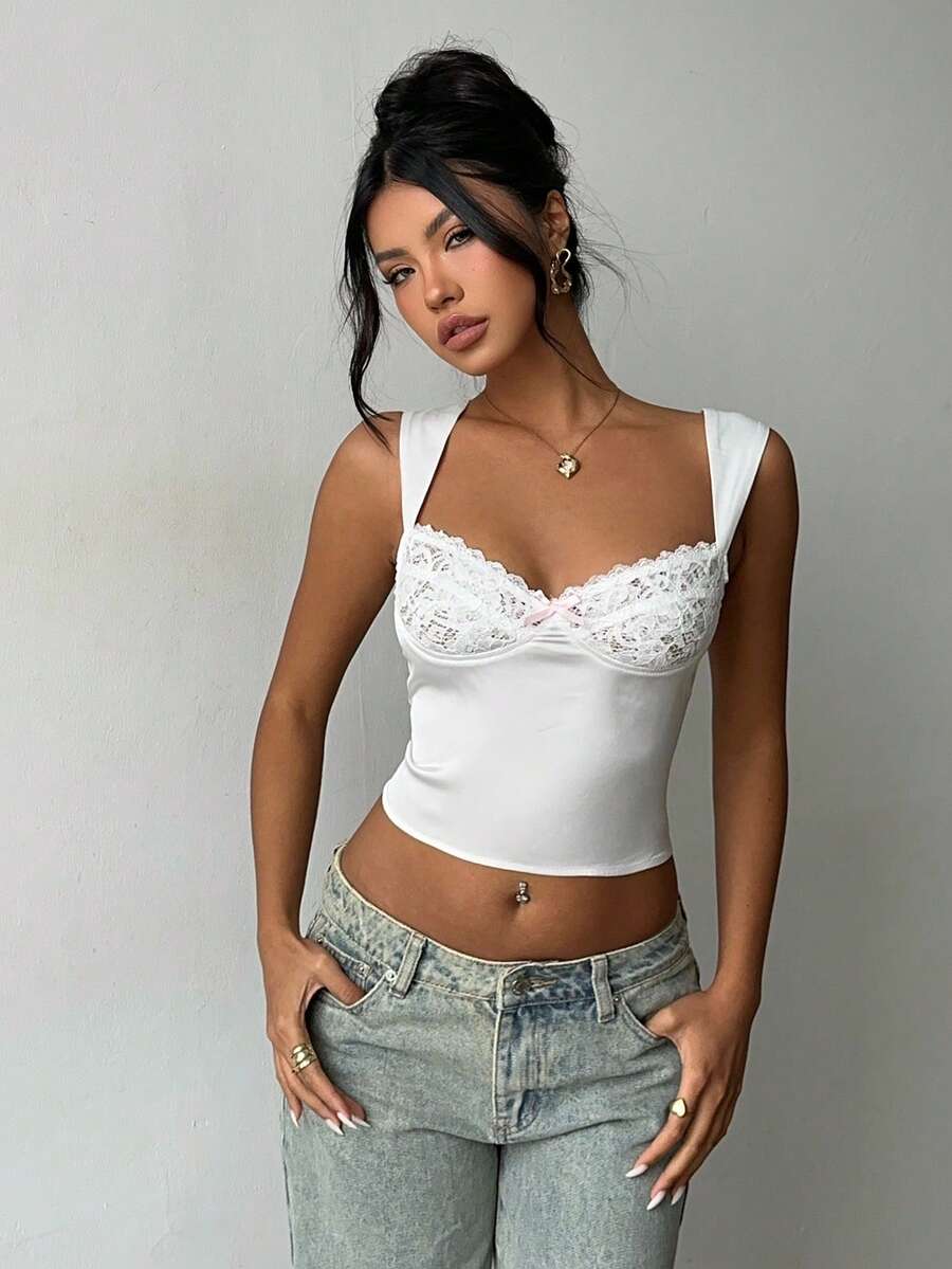 Aloruh Áo tank top ôm sát cơ thể màu trắng ren dành cho nữ, có điểm nhấn là nơ trang trí.