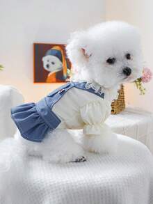 PETSIN 1pc Cat/Dog Universal Skirt, Ruffle Pet Dress With Shoulder Straps, Lace Collar Fake Two-Piece Cat And Dog Clothing - Blue - View 6