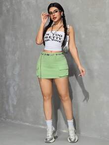 SHEIN PETITE Váy denim ngắn màu trơn phong cách công sở mùa hè - màu xanh lá - Xem 6