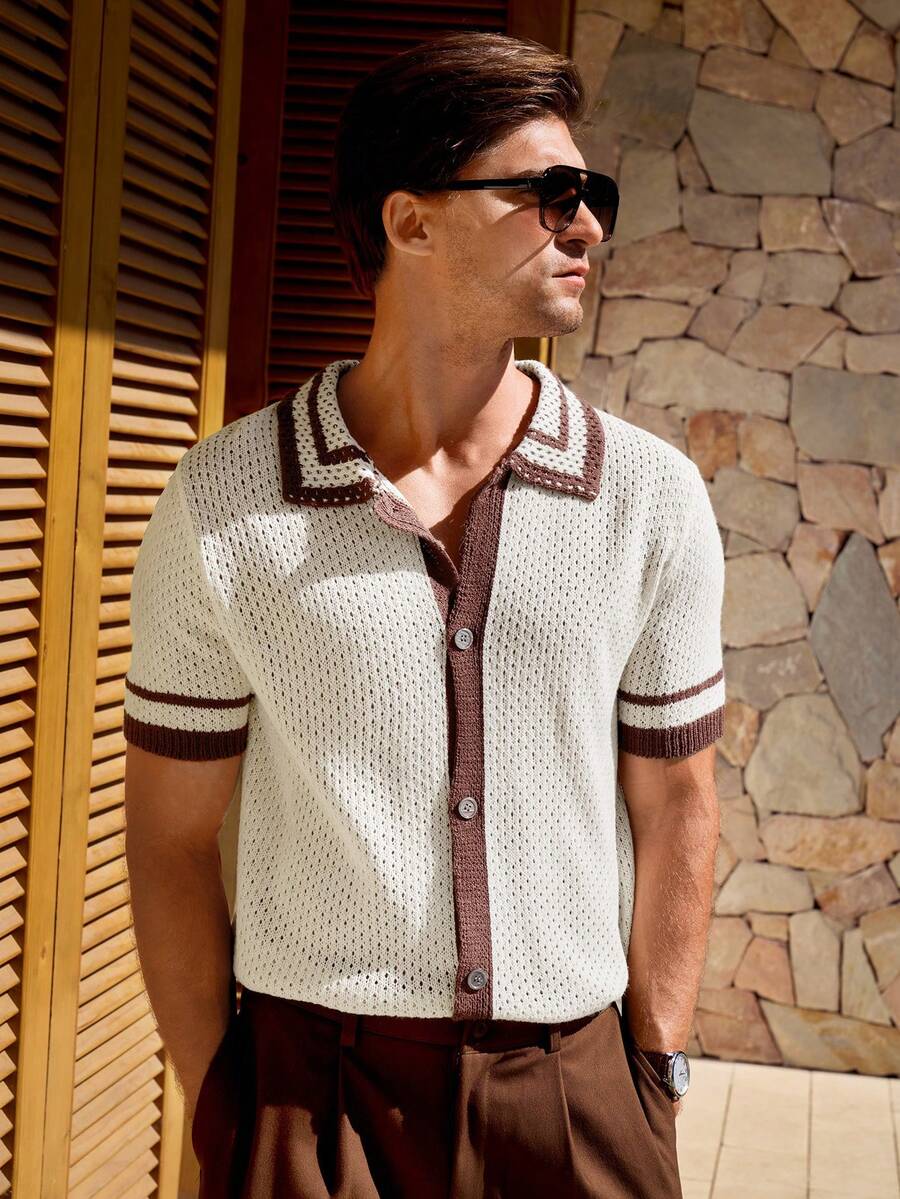Manfinity CityGents 男士休闲撞色滚边短袖针织上衣，夏季 - 杏色 - 查看 1
