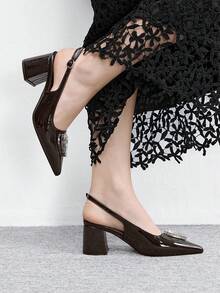 CUCCOO BIZCHIC Women's Rhinestone Buckle Chunky Heel Pumps, Spring/Summer Spring Shoes - Dark coffee - View 3