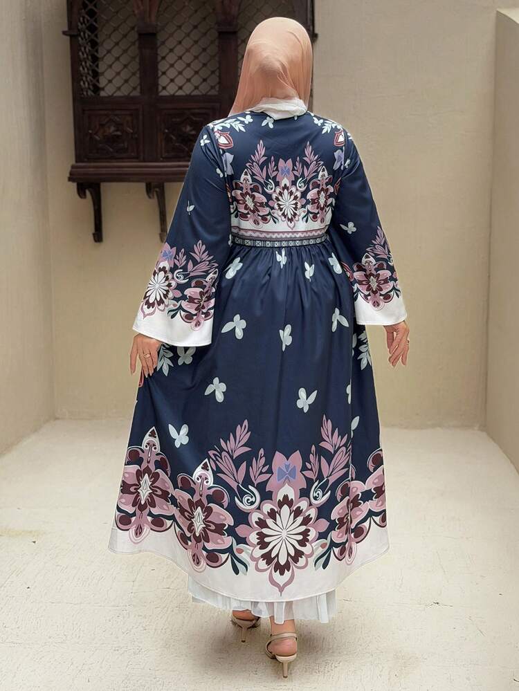 Dazy Plus Floral Print Contrast Color Block Flare Sleeve Waist Cinched Elegant Maxi Dress For Plus Size Women, Spring/Summer Sundress