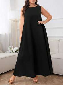 Al Najma Plus Size Women's Sleeveless Solid Color Arabic Style Dress - Black - View 4