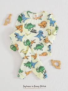 Cozy Pixies Baby Boy Cartoon Animal Print Soft Knit Crew Neck Long Sleeve Top And Elastic Waist Long Pants 2-Piece Snug Fit Pajama Set - Multicolor - View 3