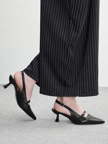 CUCCOO BIZCHIC 黑色编织纹理尖头高跟鞋，无后跟搭扣细跟通勤鞋，女士 - 黑色 - 查看 3