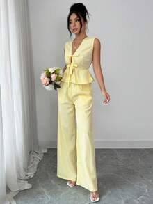 SHEIN Elenzya A Two Pieces Set For Elegant Summer Vacation Woven By Ladies - Yellow - View 5