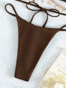 Swim SXY 纯色链条装饰比基尼套装，度假沙滩装 - 咖啡棕 - 查看 5
