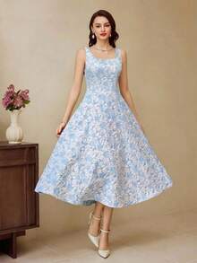 Vintamour Abito vintage elegante da donna in jacquard floreale, abito casual da lavoro, abiti estivi da donna, abiti da sera da donna, abiti primaverili da donna, abito di Pasqua da donna, abiti da vacanza da donna, abiti primaverili da donna, abito da ospite di matrimonio da donna, abiti estivi da donna, abiti formali da donna, abiti estivi da donna, abiti eleganti da compleanno da donna, abiti da sole da donna, abito da laurea, abito primaverile - celeste - Visualizzare 4