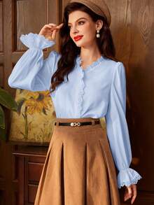 Vintamour 复古优雅女士蕾丝拼接V领衬衫，适合工作、返校、教师等场合，复古长袖纽扣衬衫 - 淺藍色 - 查看 6