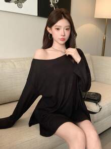 DAZY 女款鏤空肩開衩寬鬆Y2K休閒T恤，適合校園、日間日常、約會之夜，黑色，秋季 - 黑色 - 查看 4