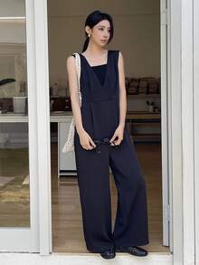 FRIFUL Women's Solid Color Jumpsuit With Suspenders Jumpsuit - Black - View 6