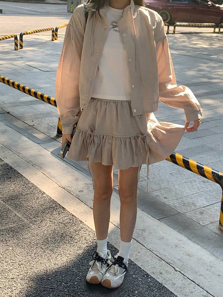 2pcs Women's Sweet & Casual Outfit Set, Long Sleeve Elastic Waist Short Jacket With Bow Decor & Mini Skirt