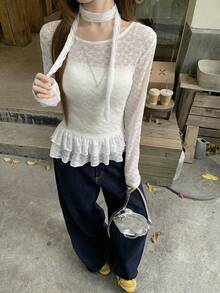 DAZY 女士透视蕾丝荷叶边领长袖T恤，性感轻盈防晒百搭上衣 - 白色 - 查看 3