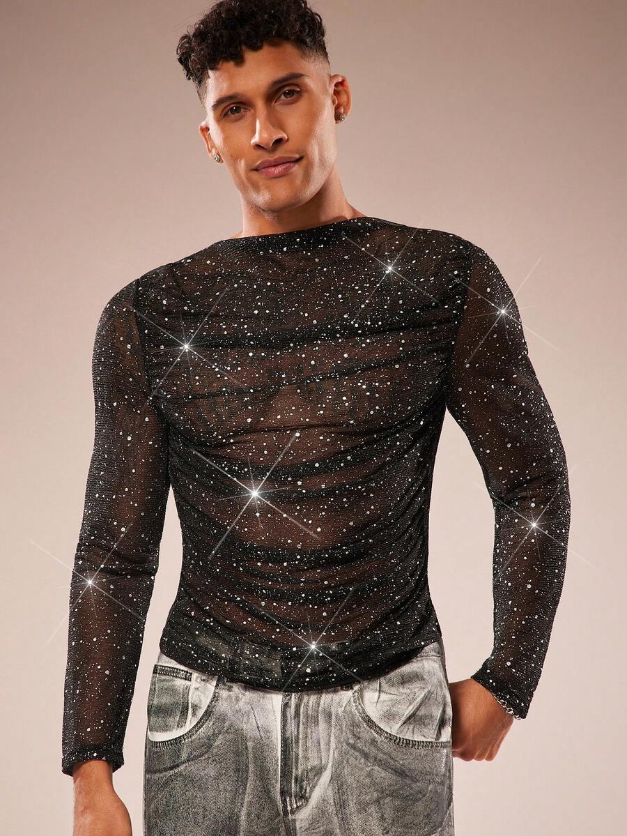 FeverCity Men's Sexy Transparent Soft Long Sleeve T-Shirt - Black - View 1