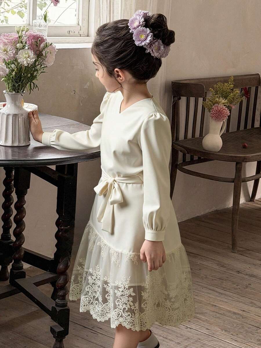 DAZY Girls (Small) V-Neck Tie Strap Korean Style Casual Ruffle Tie Hem Party Birthday Dress - White - View 1