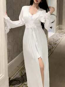 DAZY Women's Long Sleeve White Lace Patchwork Long Robe Sleepwear Cardigan, Spring - White - View 5