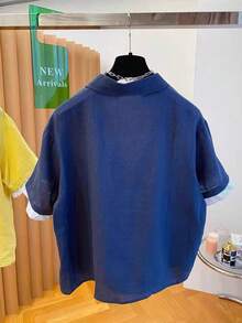 Resyla Blusa casual de mujer a rayas y patchwork 2 en 1, adecuada para el uso diario y el uso en casa, primavera/verano - Azul Marino - Ver 2