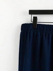 Linhara Plus Size Women Navy Blue 2 Pieces Set,Elegant Summer Vacation Ruffle Sleeve Round Neck Cinched Waist Beaded Shirt & Loose Elastic Wide Leg Pants Set - Blue - View 3