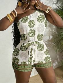 Slaydiva Spring/Summer New Music Festival Western Boho Easter Nashville Birthday Graduation Student Daily Casual Vacation Cruise Beach Sunbathing Trending One Shoulder Twist Waist Cinching Textured Fabric Waist Tie Slimming White Women Jumpsuit - Multicolor - View 3