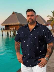 Genlund Men's Plus Size Summer Vacation Casual All-Over Print Shirt - Navy Blue - View 5