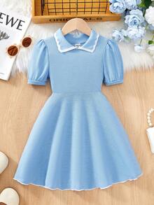 SHEIN Girls' Casual Blue Contrast Collar Waist Knit Dress - Navy Blue - View 3
