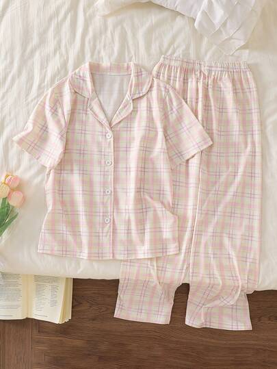 女童格子印花短袖上衣和裤子舒适睡衣套装（2件套）