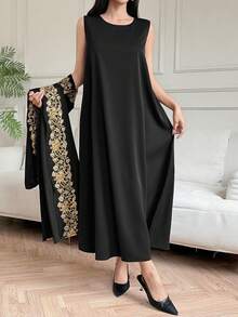 DAZY Women's Elegant Sleeveless Dress With Contrast Lace Patchwork Robe, 2-Piece Set, Spring/Summer - Black - View 3